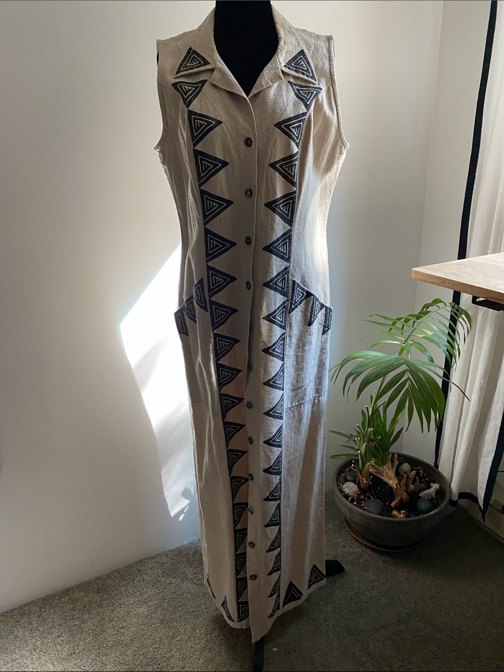 Qualicum Clothworks Sleeveless Beige Linen Blend Maxi Dress with Painted Design.